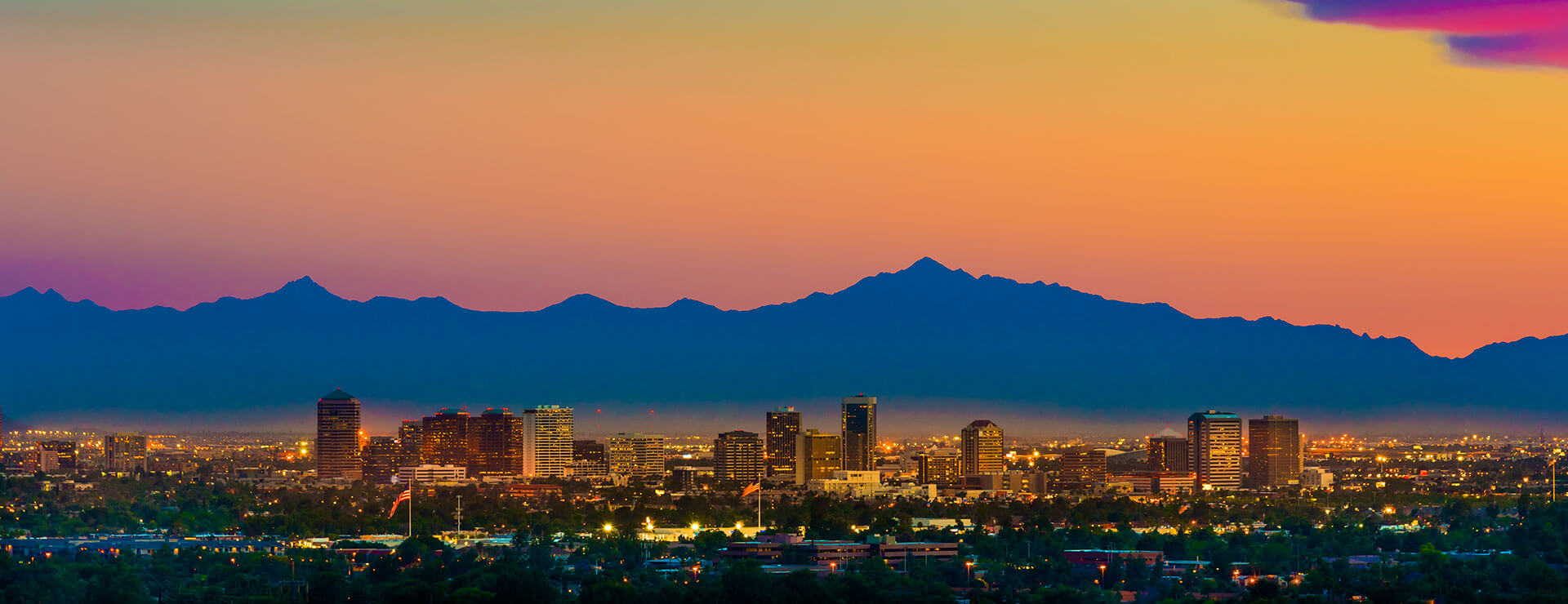 a sunset view of Phoenix, Arizona from South Mountain